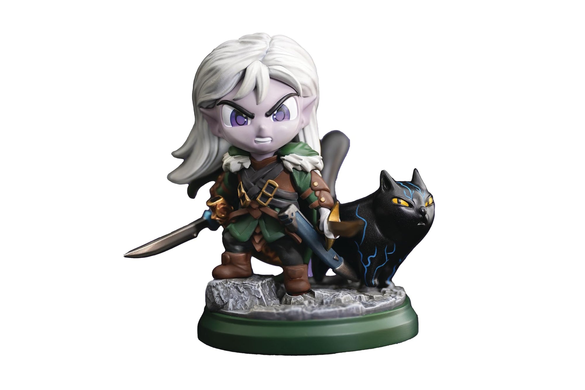 A chibi-style figurine of Drizzt Do'urden, a dark elf with white hair and purple eyes, holding a scimitar, standing next to his black panther Guenhwyvar with glowing blue lines, on a rocky base