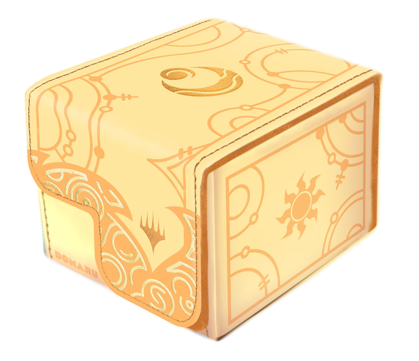 A light beige square Domaru deck box featuring intricate gold foil abstract designs including sun and crescent symbols, displayed against a white background