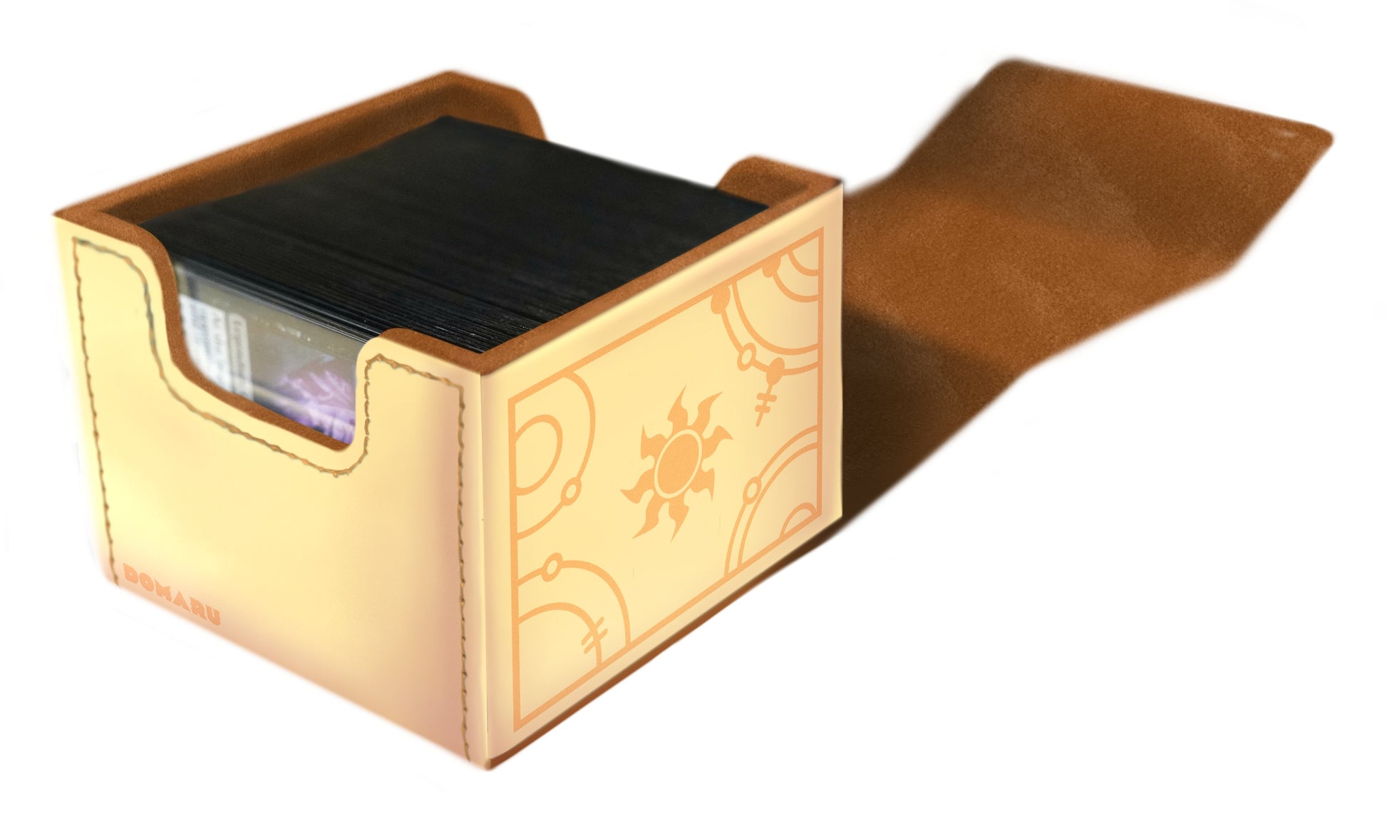 An open beige Domaru deck box featuring a light tan Lorwyn Eclipsed sun design is filled with a stack of black sleeved trading cards