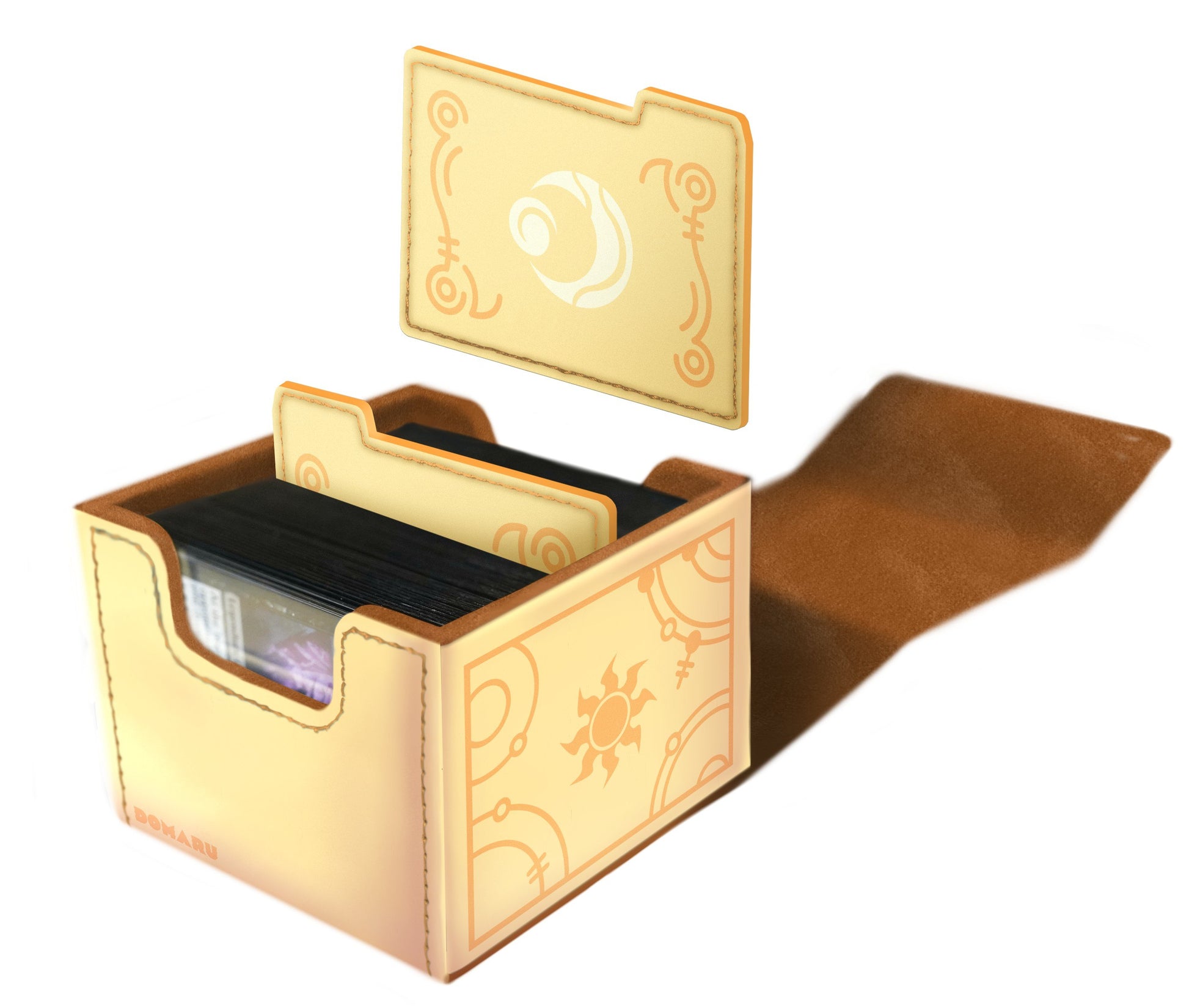 A light tan Domaru card box decorated with orange stitched edges and tribal symbols is open revealing sleeved cards and two dividers