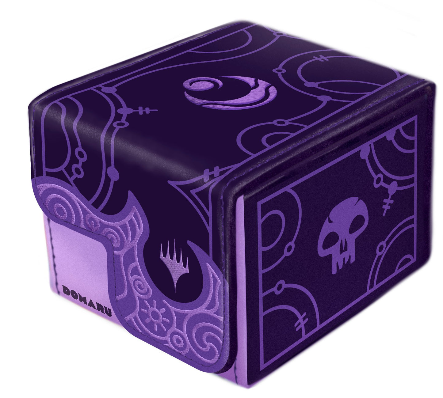 Dark purple Domaru deck box with stylized light purple arcane symbols and a skull icon shown angled against a white background
