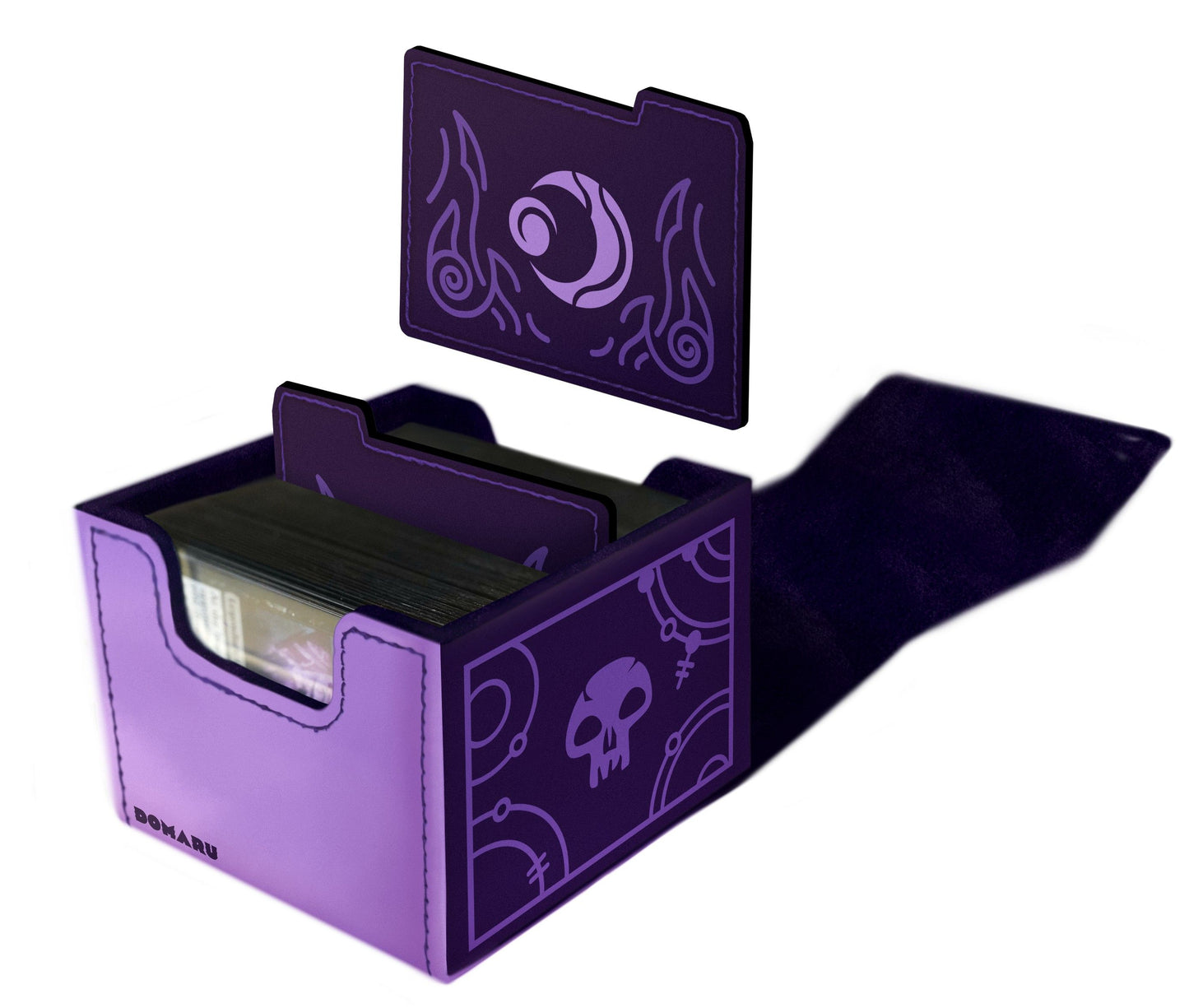 Open Domaru deck box in lilac and dark purple, showing cards inside and mystical symbols etched on the side and the detached magnetic lid