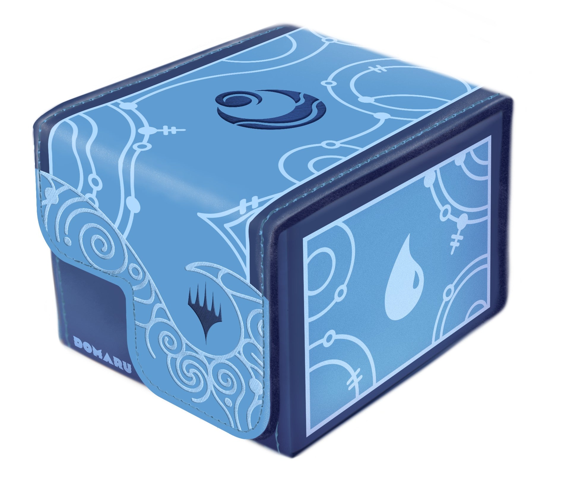 A dark and light blue Domaru trading card deck box displays intricate tribal patterns, a central swirl symbol, and the Magic: The Gathering Island mana icon