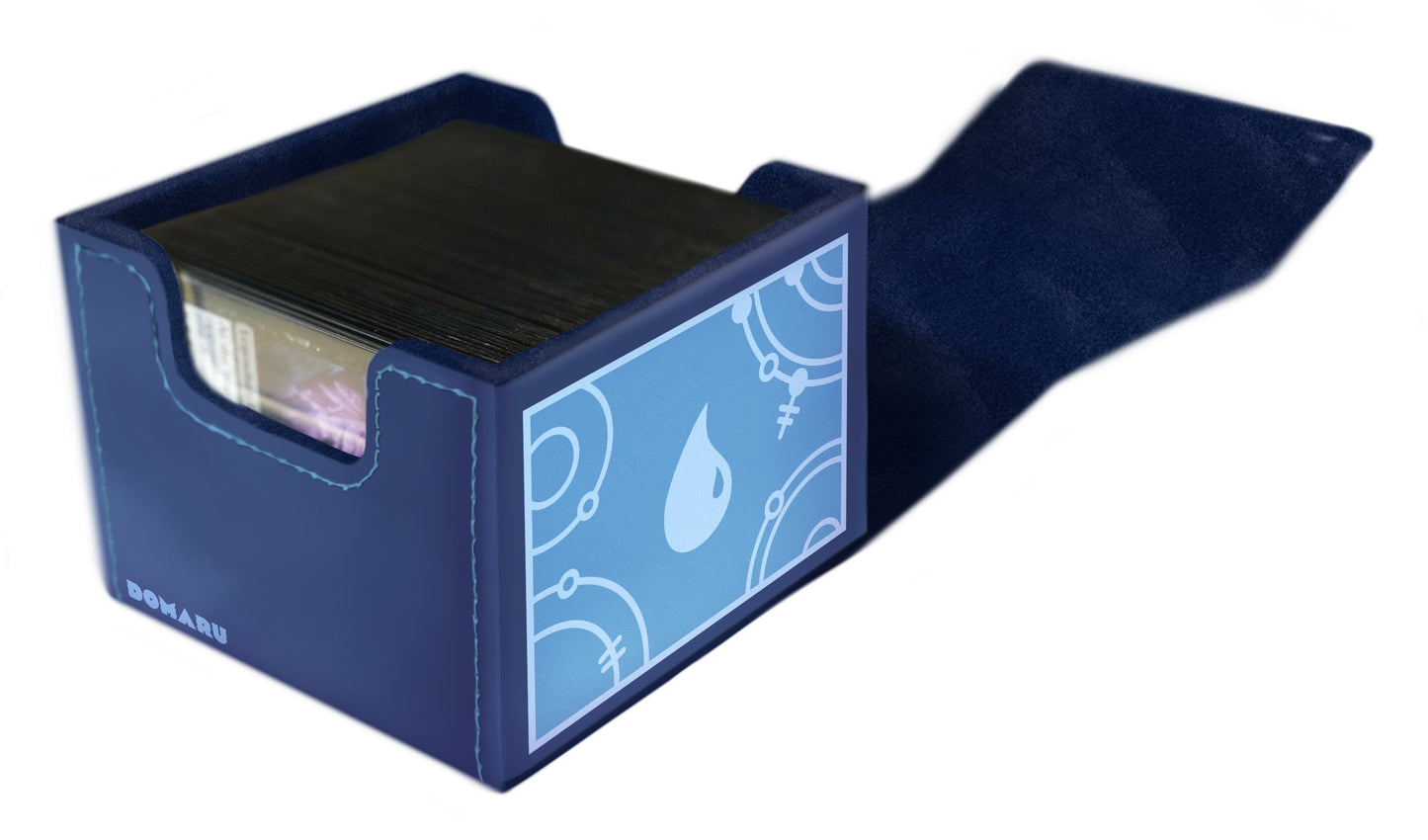 A navy blue Domaru card box with an open flap contains sleeved cards, featuring a light blue panel with a magic water symbol