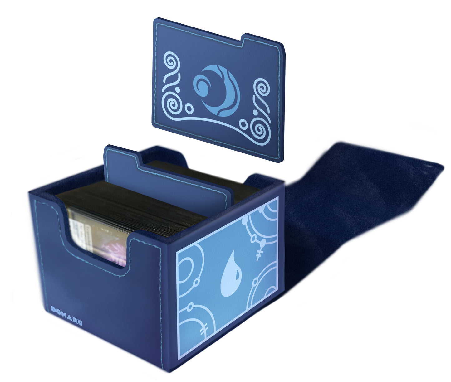 The dark blue Domaru deck box is open, revealing sleeved cards and dividers inside, decorated with a light blue swirl graphic and mana symbol
