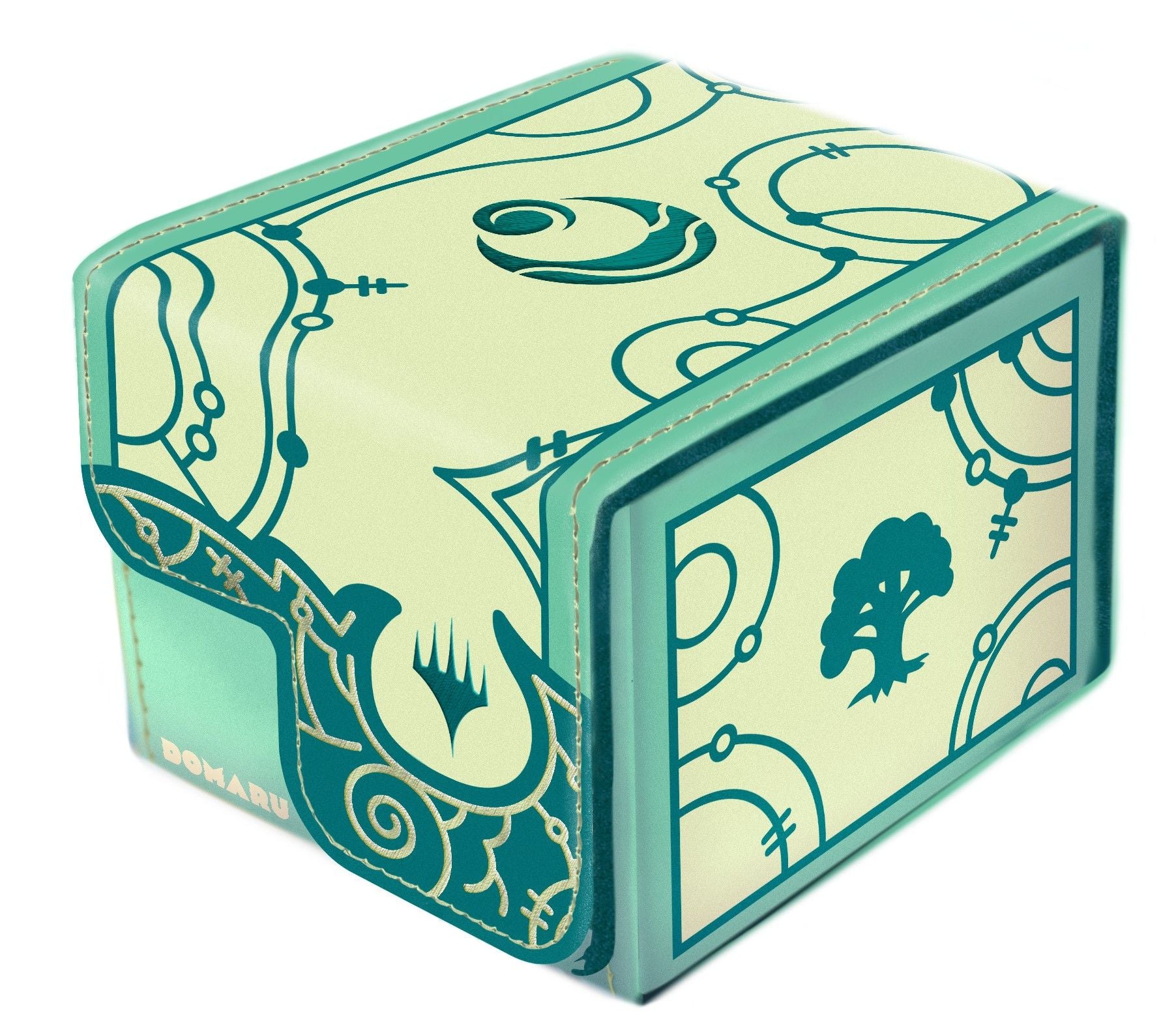 Gatherers Tavern Domaru deck box in light green and teal features intricate Art Deco designs and the Magic: The Gathering green mana tree symbol