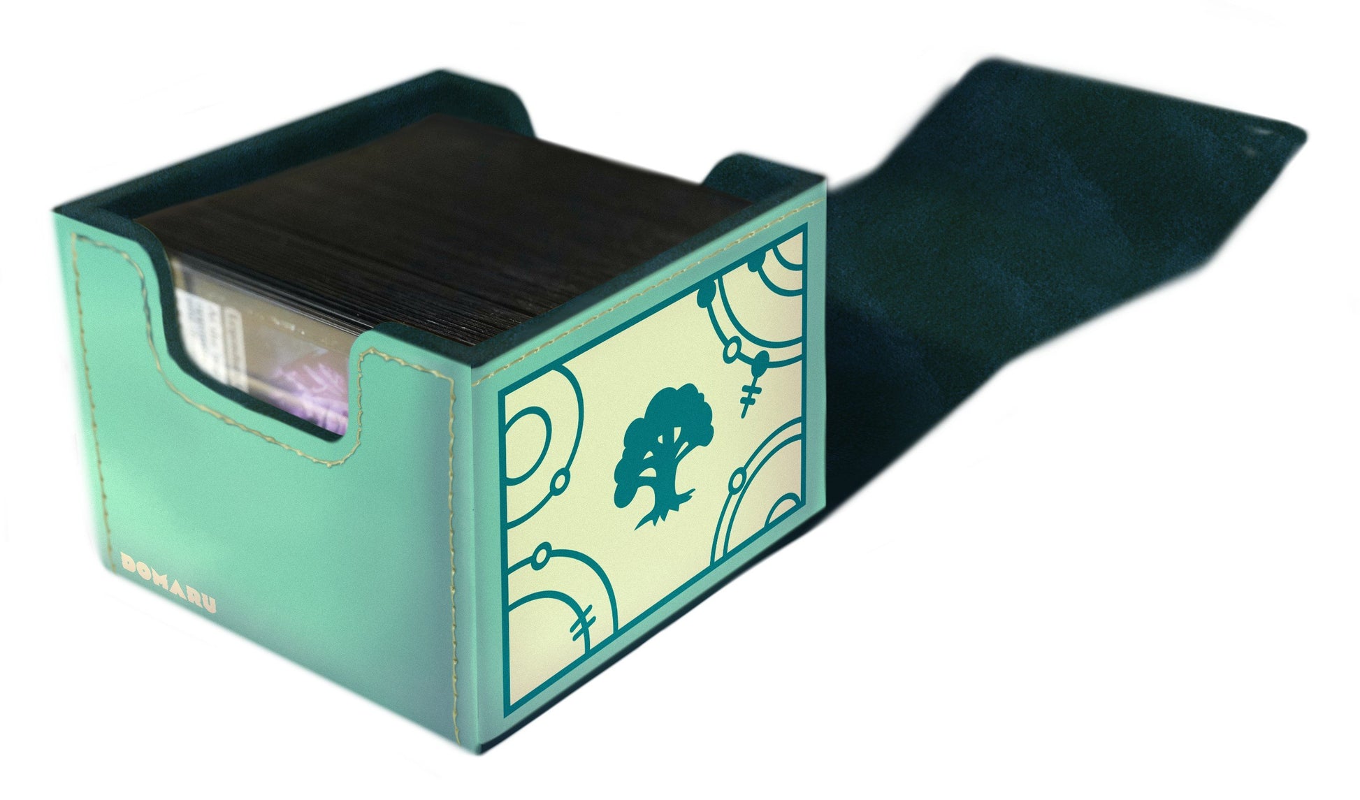 The open Domaru deck box in mint green leatherette is filled with dark sleeved cards, displaying a teal graphic of a stylized tree symbol on the front panel
