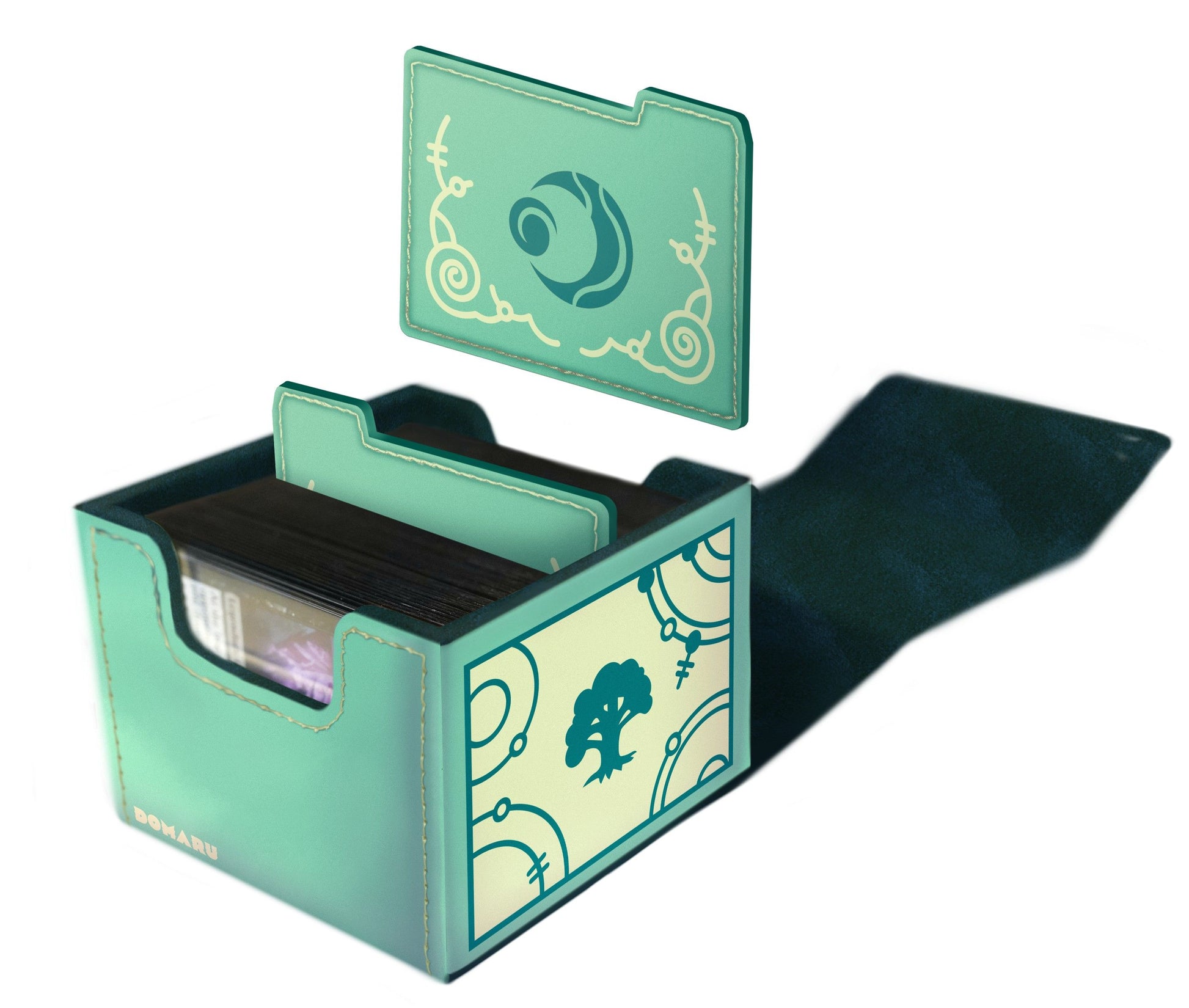 A mint green Domaru deck box is shown open with the magnetic lid floating above, revealing stacked cards and stylized teal nature graphics