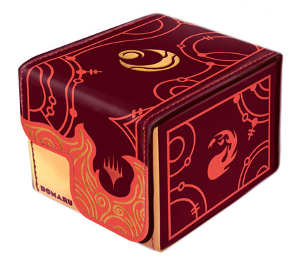 The Domaru deck box features a dark red exterior with bold orange mystical lines, a gold symbol on top, and the MTG mana icon on the front flap