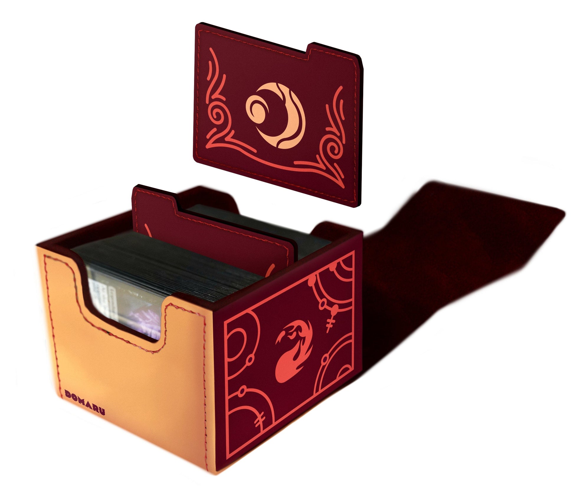 Beige and maroon Domaru deck box with stylized mythological artwork and a matching raised insert floating above the card stack