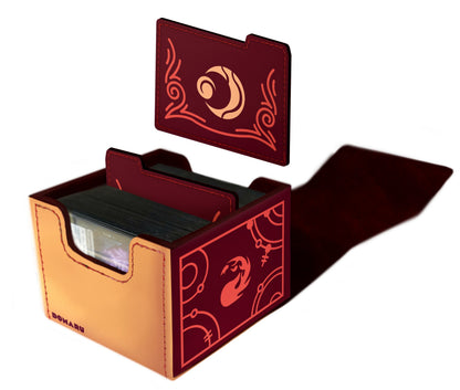 Beige and maroon Domaru deck box with stylized mythological artwork and a matching raised insert floating above the card stack