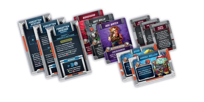 Colorful stacks of board game cards featuring cartoon characters, visible titles include 'Forgotten Keycode,' 'Dog Watch,' and 'Marsh Mellow'