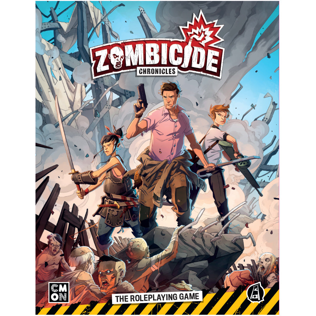 Zombicide Chronicles RPG Core Book showing three survivors armed with a sword gun and crossbow facing zombies in a desolate destroyed city setting