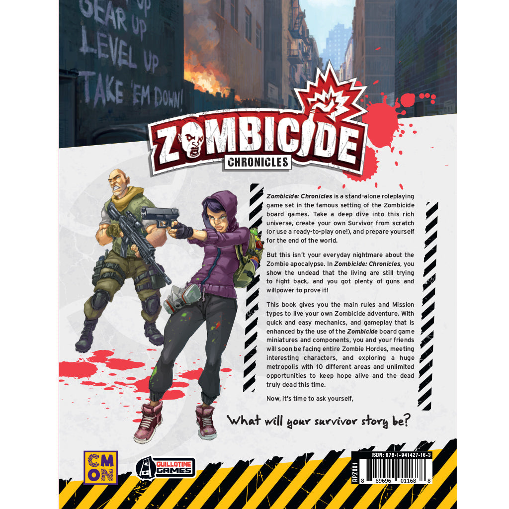 Zombicide Chronicles RPG Core Book featuring two survivors with weapons in a city street detailed rulebook cover design for the tabletop game