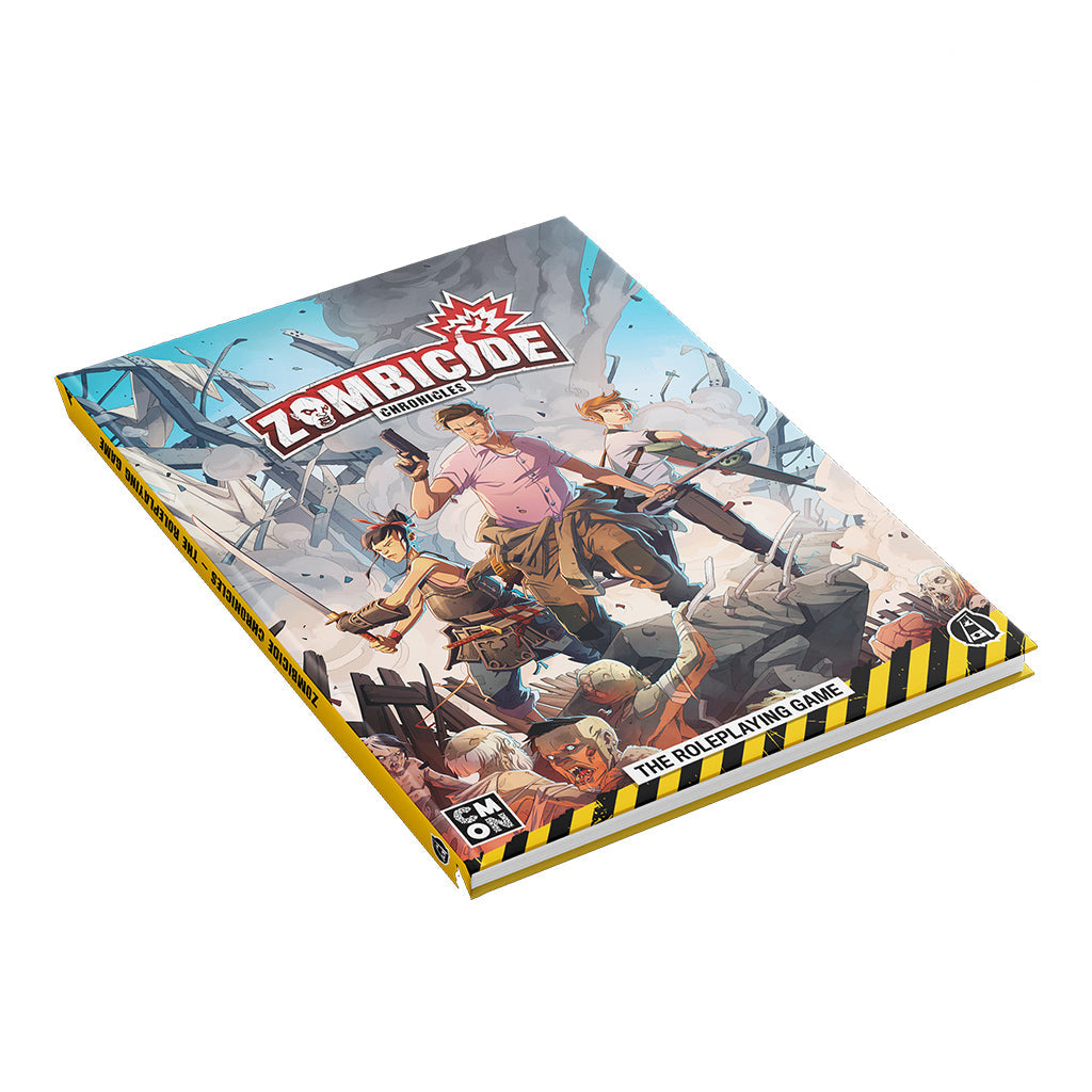 Zombicide Chronicles RPG Core Book a tabletop role-playing game manual featuring vivid cover art of survivors battling zombies in a ruined city yellow spine