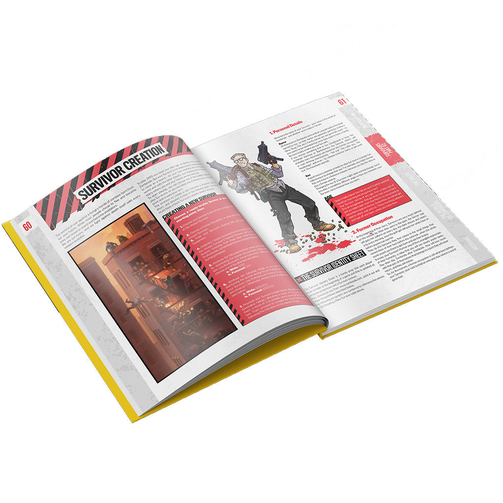 Zombicide Chronicles RPG Core Book open to the Survivor Creation section featuring character art of a male survivor and a rooftop combat scene