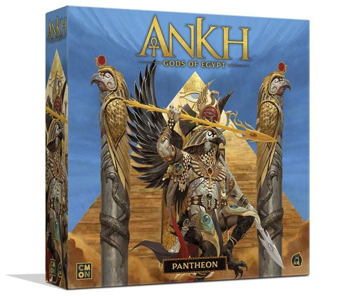 Ankh Gods of Egypt board game box featuring the god Horus with spear flanked by pillars and pyramids