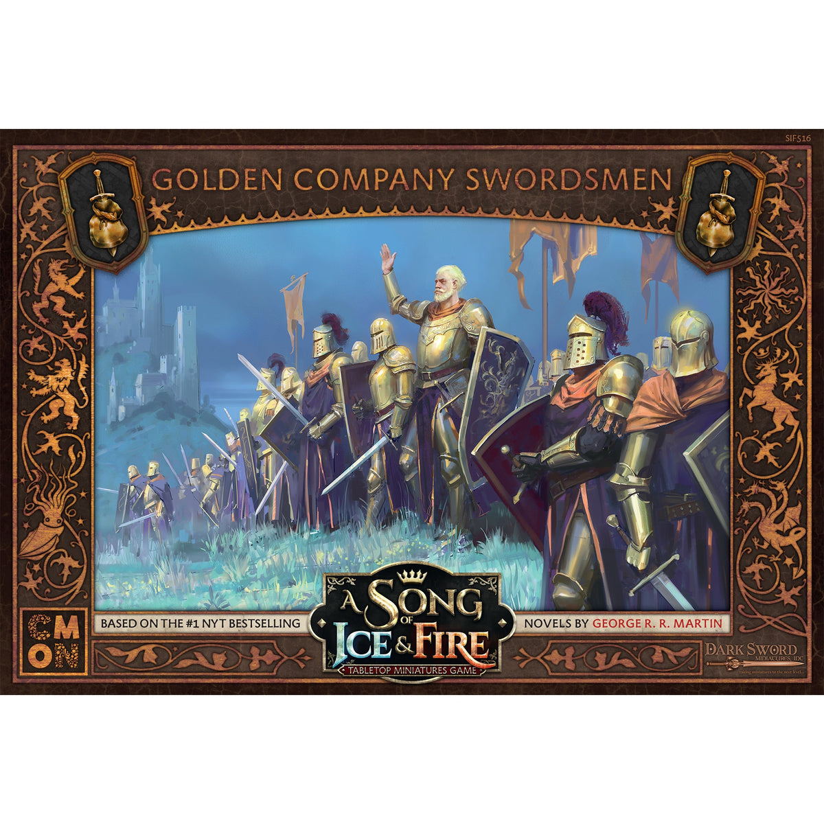 Golden Company Swordsmen unit box for A Song of Ice Fire Tabletop Miniatures Game featuring a leader in golden armor with his hand raised leading a line of armored soldiers holding shields and swords set against a castle backdrop