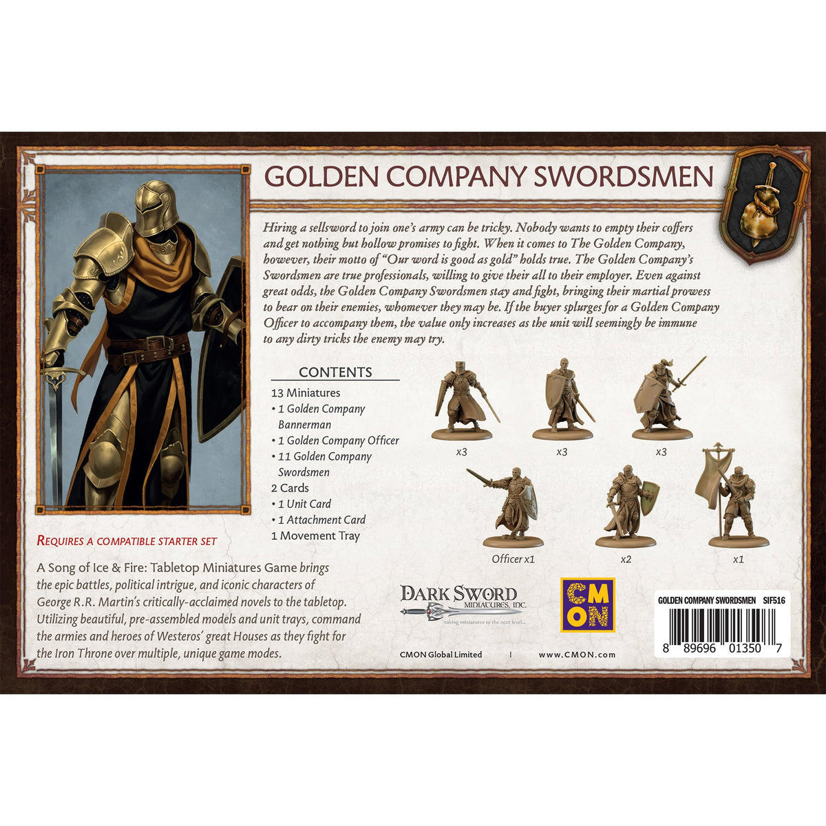 Golden Company Swordsmen miniatures set for A Song of Ice Fire Tabletop Miniatures Game featuring detailed pre-assembled figures including an officer bannerman and swordsmen ready for battle