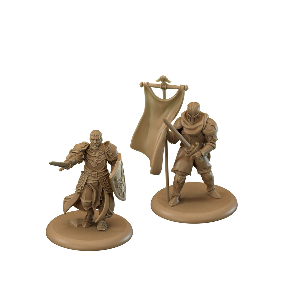Two unpainted A Song of Ice and Fire Golden Company Swordsmen miniatures in light brown one holding a sword and shield the other a banner and sword on separate round bases