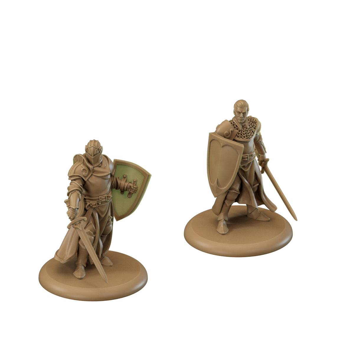 Two tan A Song of Ice and Fire tabletop miniatures a Golden Company Swordsman in full plate armor with a sword and shield and another in chainmail with a sword and shield