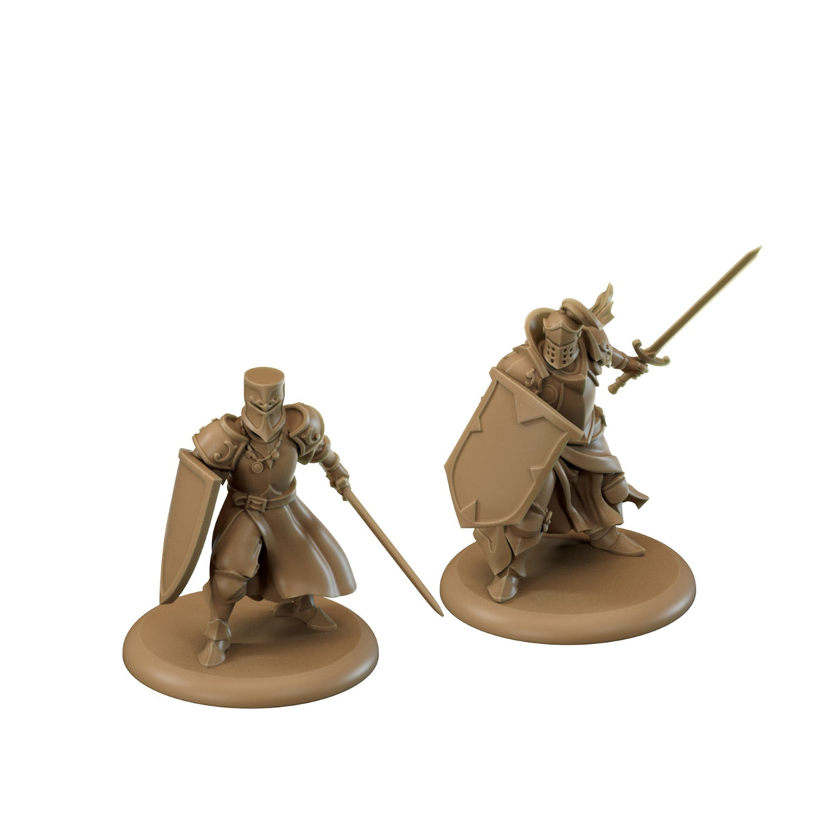 Golden Company Swordsmen miniatures for A Song of Ice and Fire Tabletop Miniatures Game showing two brown unpainted plastic knights with swords and shields