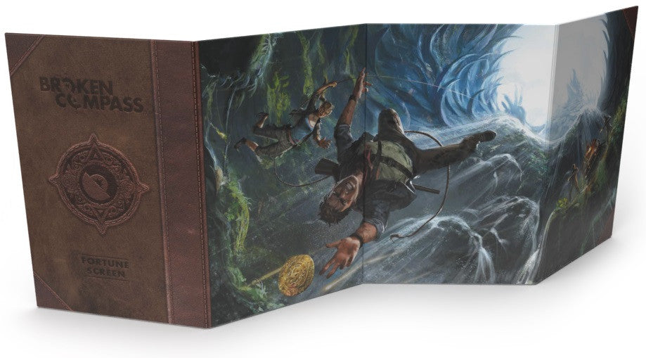 Broken Compass roleplaying game fortune screen featuring adventurers swinging across a cavern chasm with a golden object falling below