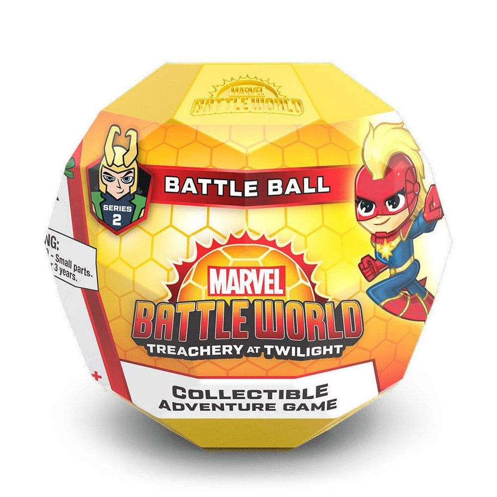 Yellow, multi-faceted Marvel Battle World Series 2 Battle Ball collectible game package, featuring Captain Marvel and Loki