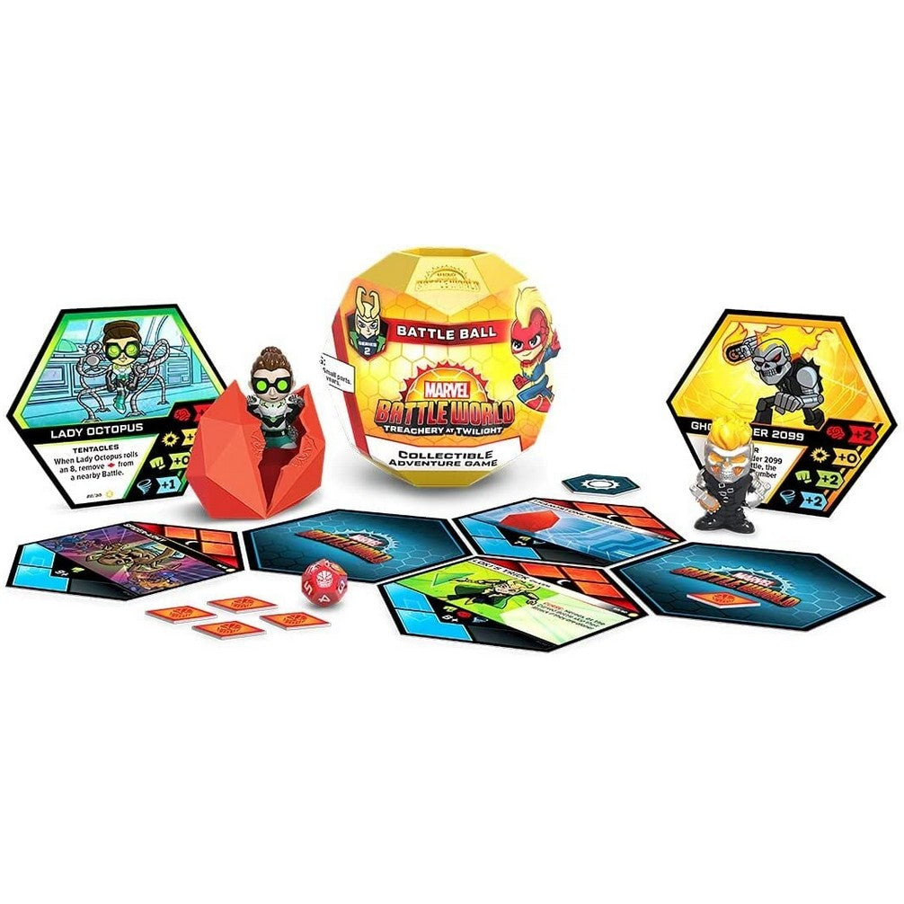 A Marvel Battleworld game set featuring a yellow Battle Ball, hexagonal tiles, two minifigures, a die and an orange container