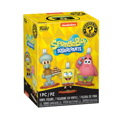 The yellow Funko Mystery Minis blind box for SpongeBob's 25th features Squidward SpongeBob and Patrick vinyl figures on the front panel