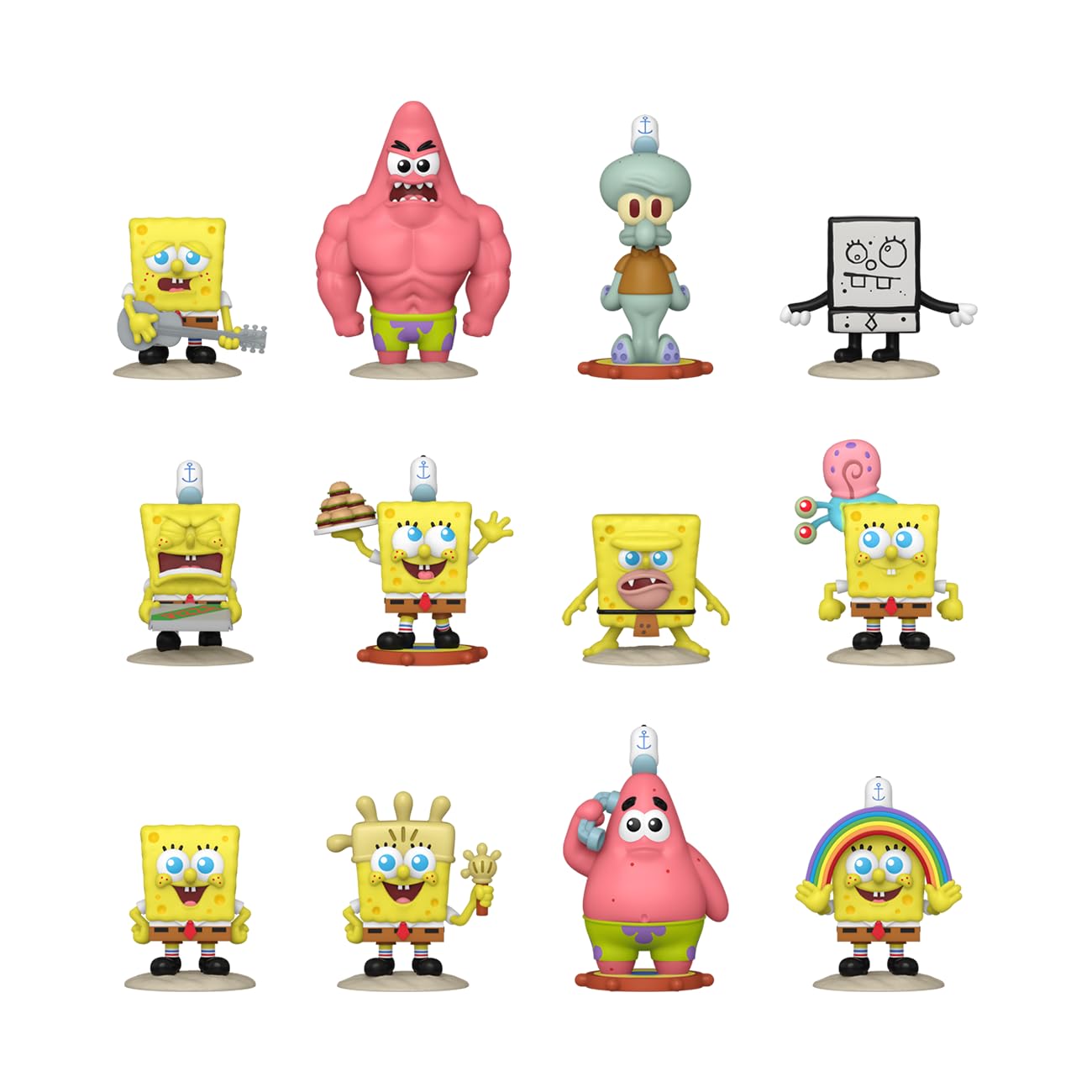 Twelve SpongeBob 25th Anniversary Mystery Minis figures featuring SpongeBob in various costumes, muscular Patrick, Squidward, and DoodleBob