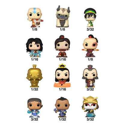 Funko Pop vinyl checklist featuring 12 Avatar: The Last Airbender characters, including Aang, Appa, Toph, Zuko, and chase variants, with rarity ratios
