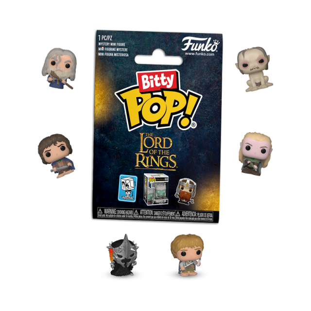 Lotr Funko Bitty Pop! blind bag package with seven tiny figures, including Gandalf, Frodo, Legolas, and Gollum