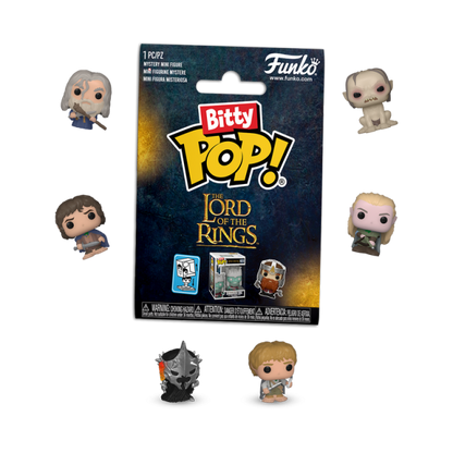 Lotr Funko Bitty Pop! blind bag package with seven tiny figures, including Gandalf, Frodo, Legolas, and Gollum