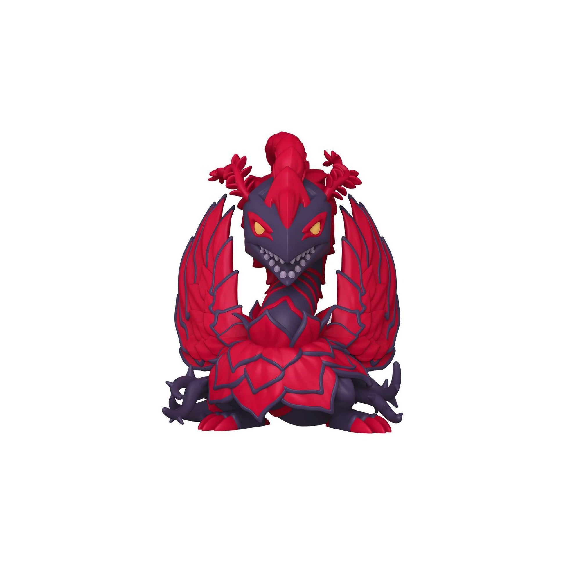 Red and purple dragon monster Funko Pop figure with layered armor, large wings, yellow eyes, and exposed teeth