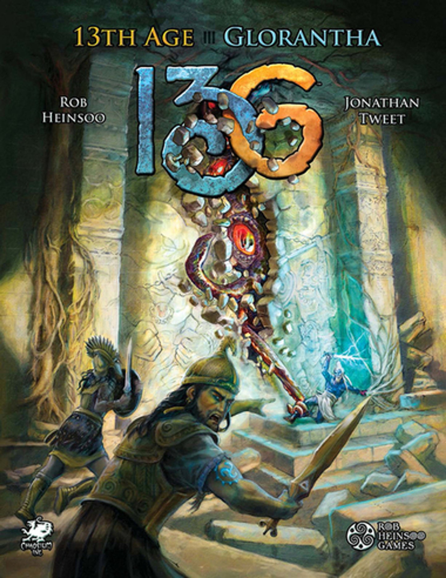 13th Age Glorantha cover: Three heroes battle a monstrous, red-eyed creature emerging from crumbling ruins with magic and swords.