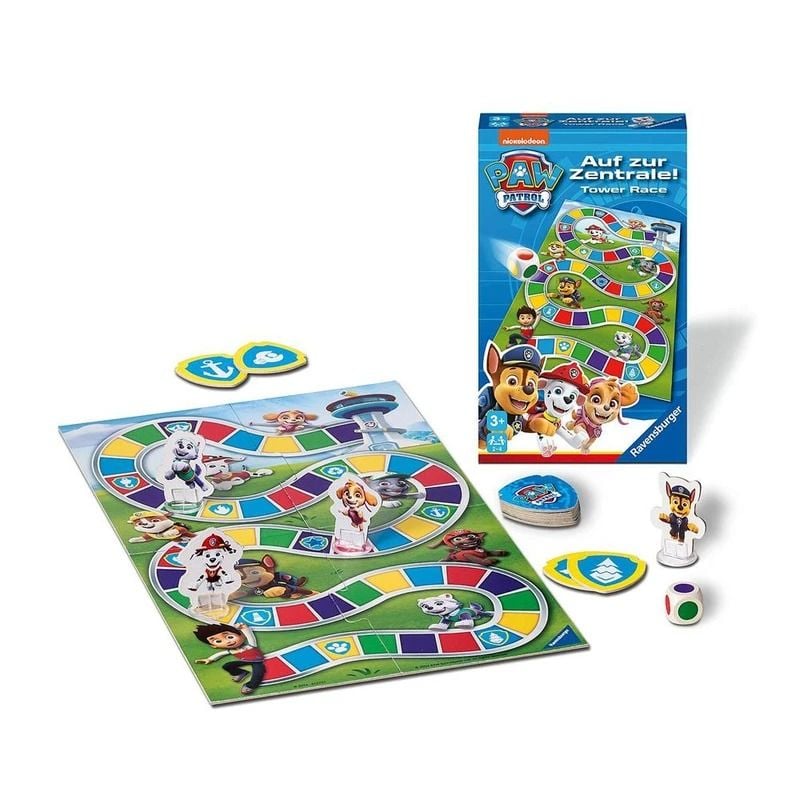 PAW Patrol Tower Race board game by Ravensburger, featuring the box, colourful game board, character standees, tokens, and dice