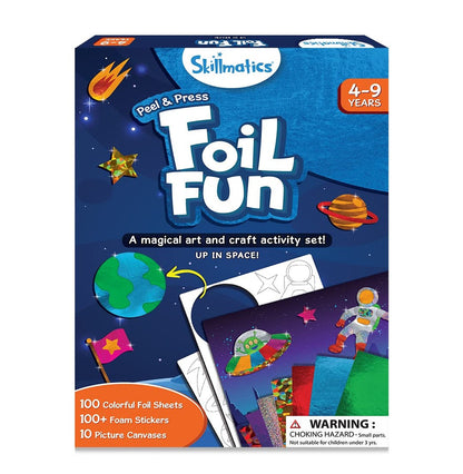 The Skillmatics Foil Fun Up In Space kit packaging shows the Peel & Press activity set designed for ages four to nine, containing foil sheets and foam stickers for space-themed crafts