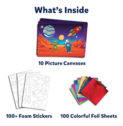 The contents of the Skillmatics Up In Space kit are displayed showing 10 picture canvases, 100+ outline foam stickers, and 100 multicolored foil sheets