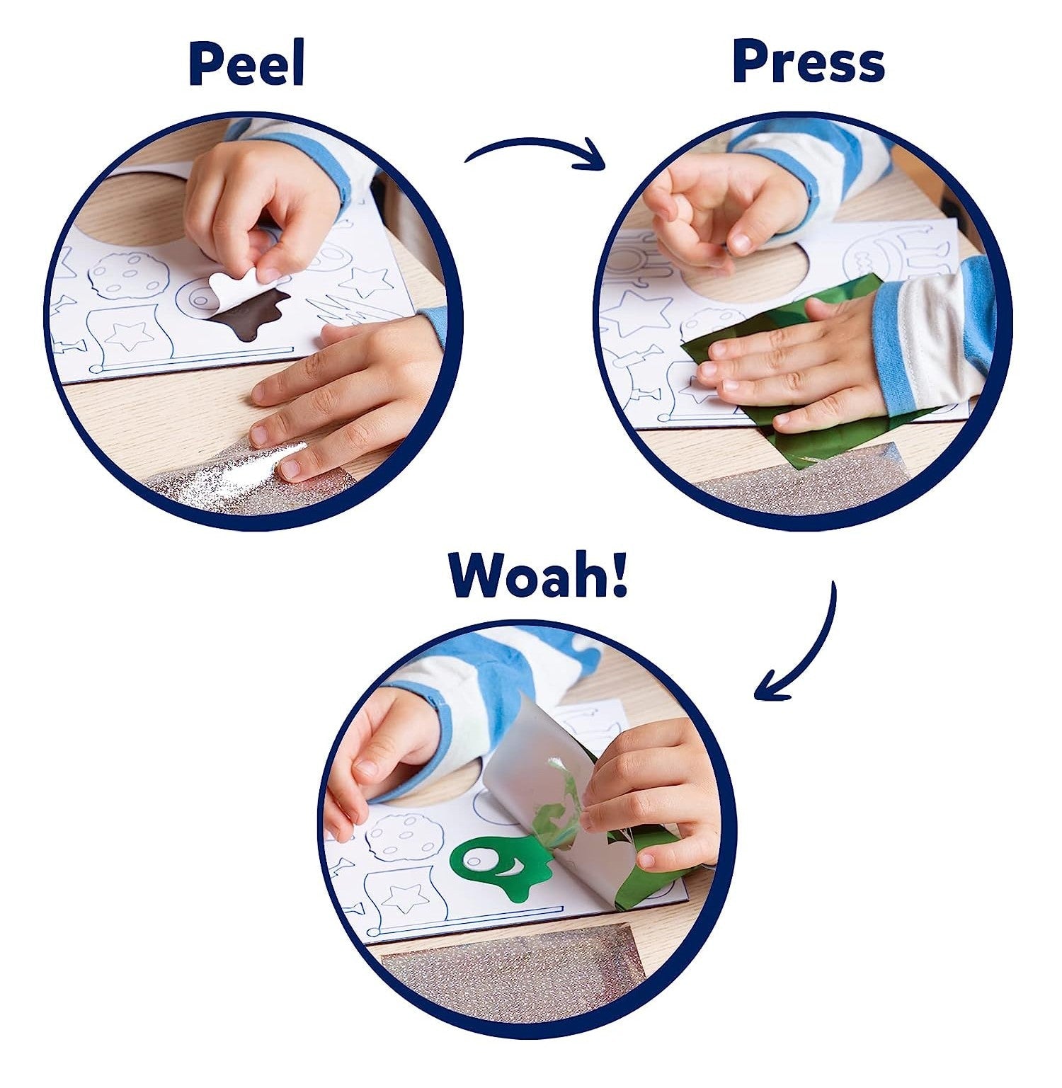 A three-step graphic illustrating the Skillmatics Foil Fun activity where a child peels the adhesive layer, presses green foil onto the space-themed design, and then reveals the final shiny result