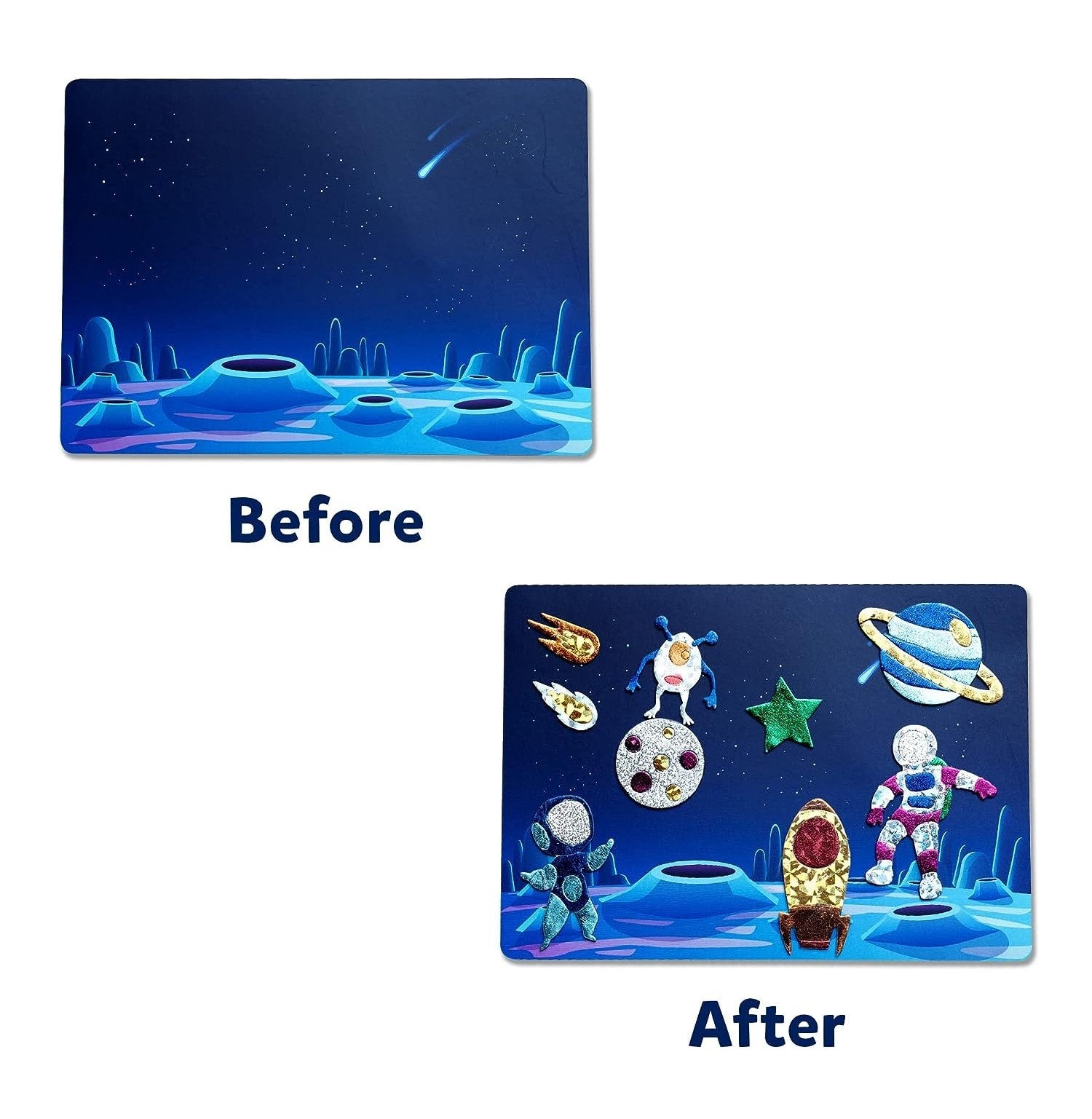 This image presents the space-themed foil art kit result, contrasting the blank blue cosmic background with the vibrant final product adorned with shiny gold and colorful alien shapes