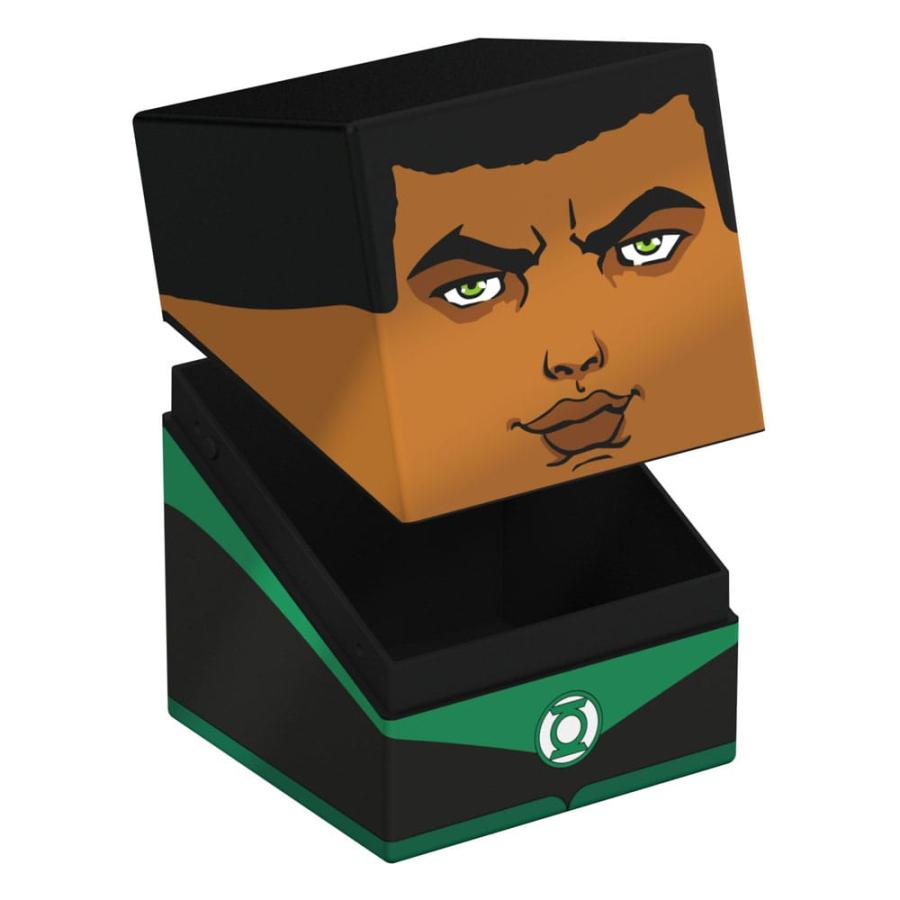 John Stewart Green Lantern deck box with his face on the partially opened lid. Black and green box shows the GL logo