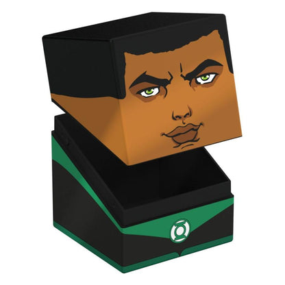 John Stewart Green Lantern deck box with his face on the partially opened lid. Black and green box shows the GL logo