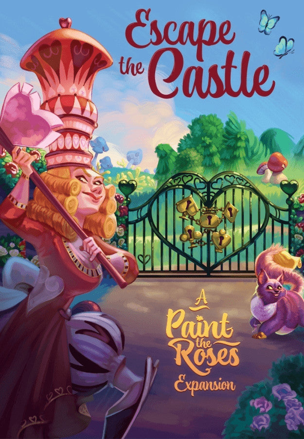 Escape the Castle A Paint the Roses Expansion board game box features a queen with a heart crown and hammer guarding a heart-shaped gate with card suit locks a purple Cheshire Cat and butterflies