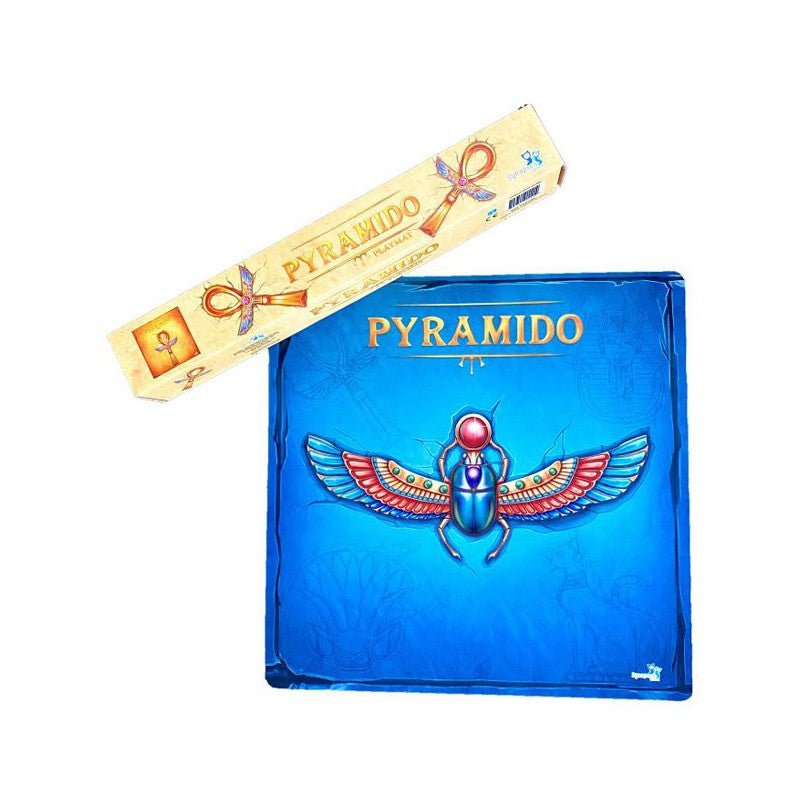 A blue Pyramido board game box featuring a winged scarab, and a tan Pyramido playmat box with an Ankh symbol