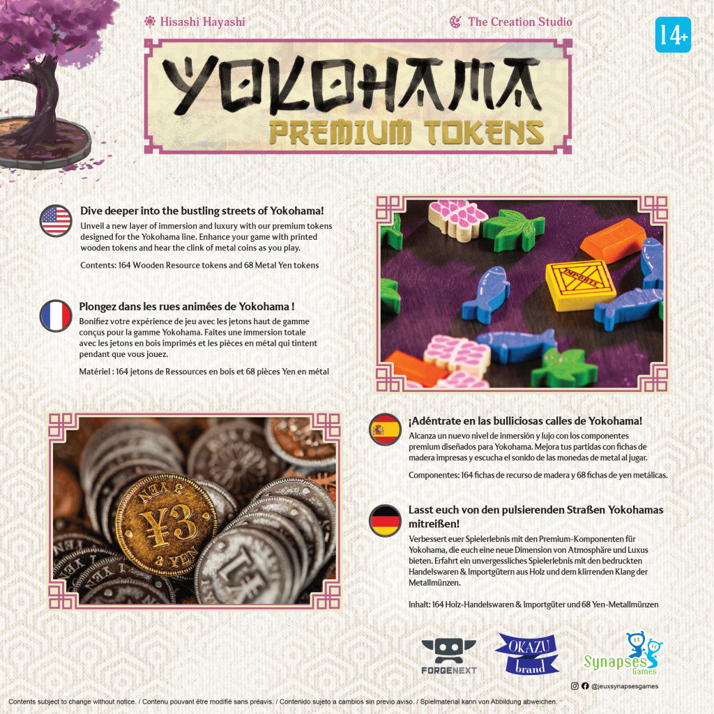 Yokohama Premium Tokens featuring 164 wooden resource tokens and 68 metal Yen coins displayed as colourful game pieces and stacked coins