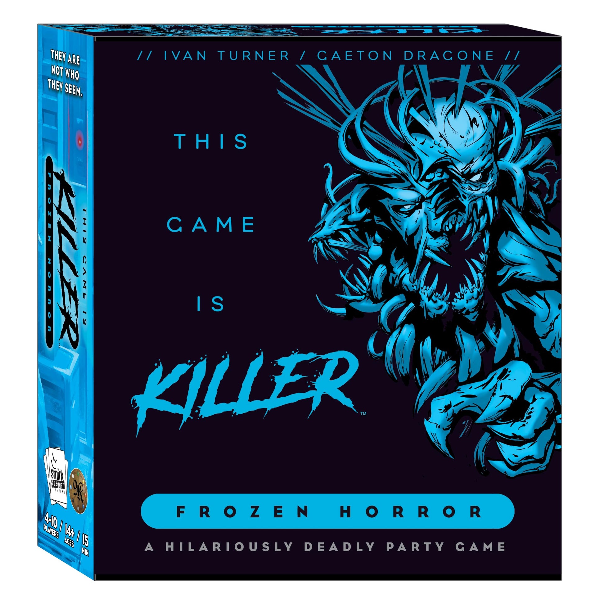 This Game is Killer Frozen Horror, a dark blue game box featuring a striking neon blue illustration of a multi-fanged monster and indicating 4-10 players