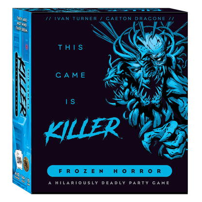 This Game is Killer Frozen Horror, a dark blue game box featuring a striking neon blue illustration of a multi-fanged monster and indicating 4-10 players