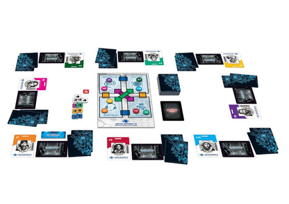 The Arctic Outpost 13 game from This Game is Killer Frozen Horror displayed with character ID cards, the map board, identity reveal cards, and scattered tokens on a white background