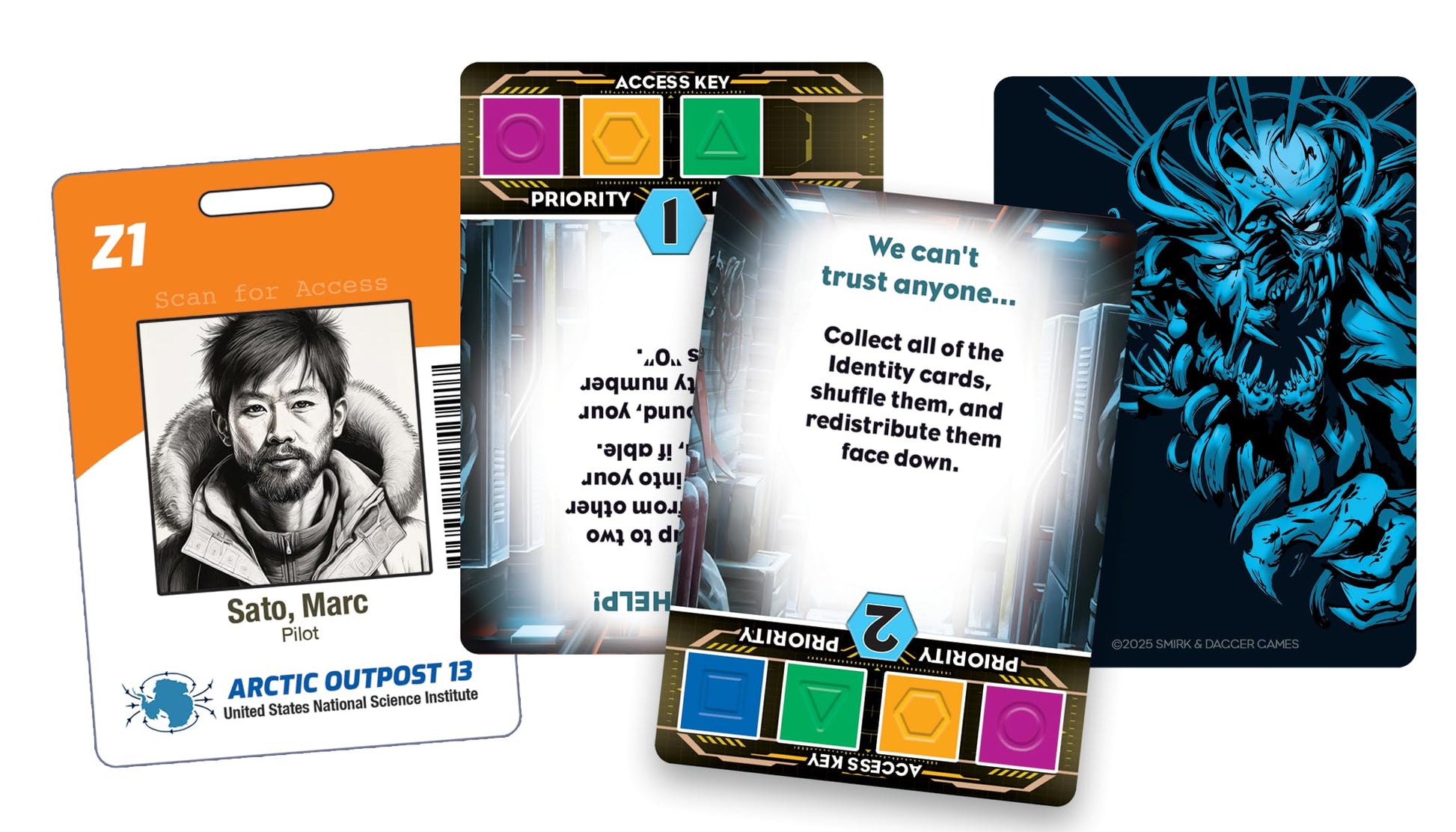 A spread of Frozen Horror game components including the Arctic Outpost 13 ID card, two futuristic action cards, and a dark card depicting a glowing blue monster